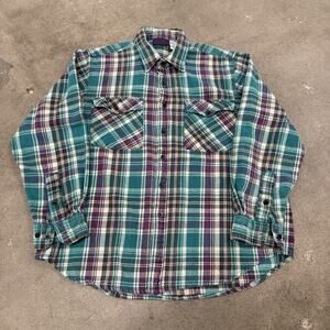 VINTAGE DAKOTA OUTDOORS HEAVYWEIGHT COTTON BLUE PURPLE FLANNEL BUTTON UP SHIRT L